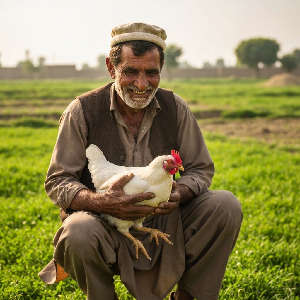 A PureChicks farmer holding a healthy hen on our Pakistan farm