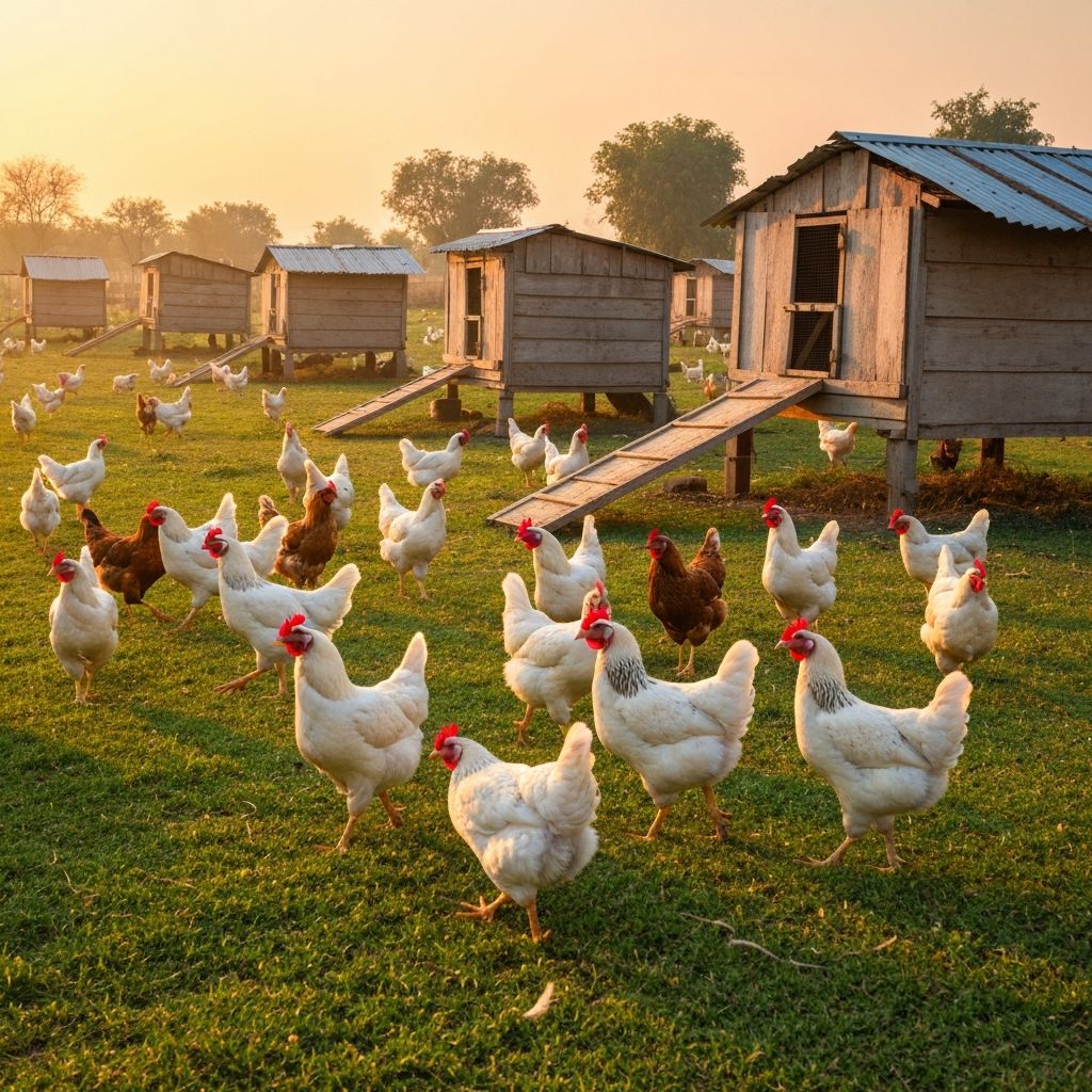 PureChicks poultry farm — free-range hens on green pastures